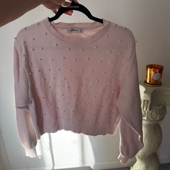 ZARA KNIT Pearl Embellished Sweater Light Pink Size Small - Picture 4 of 6